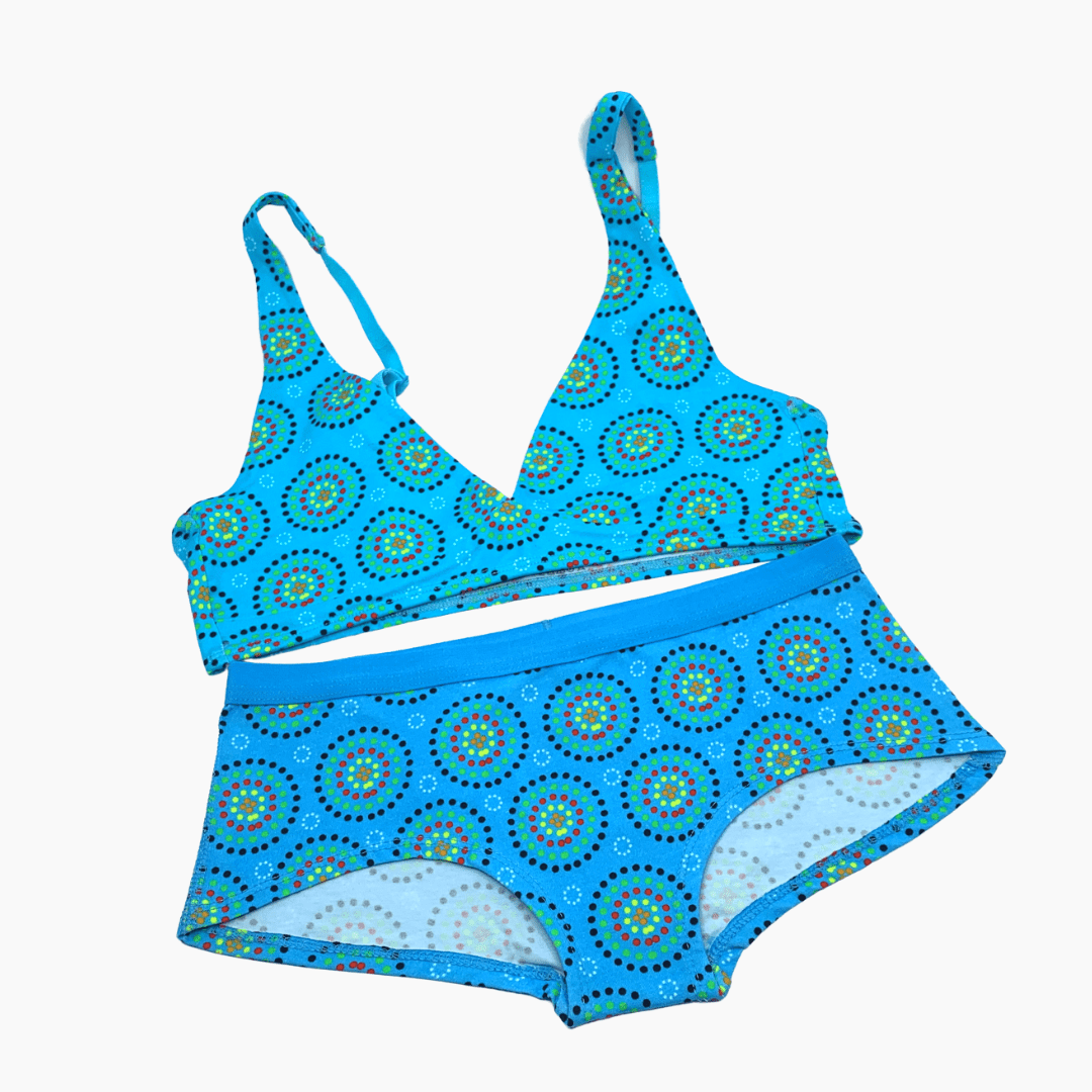 Women's organic cotton matching bralette and plain boy shorts set - Blue Mara design - Y.O.U underwear