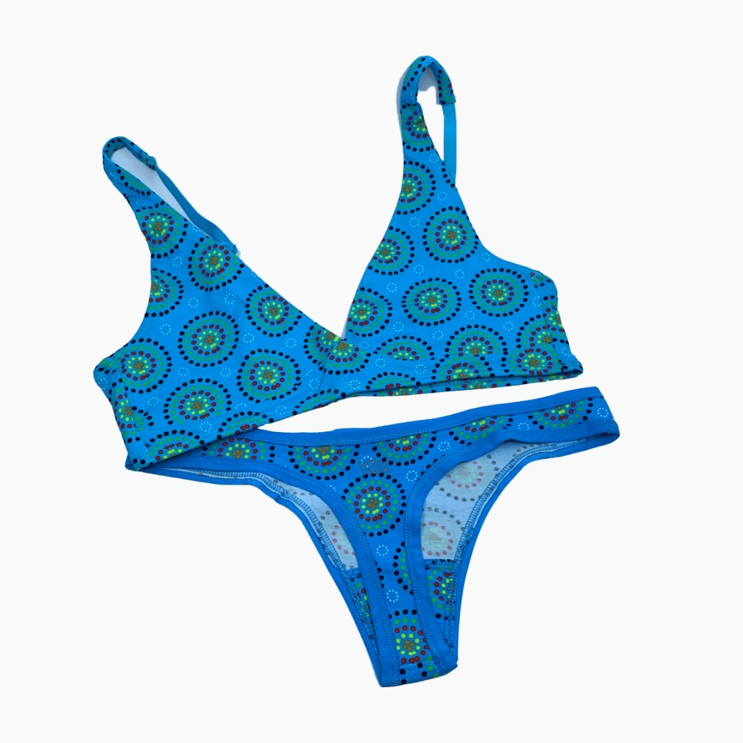 Women's organic cotton matching bralette and thong set - Blue Mara design - Y.O.U underwear