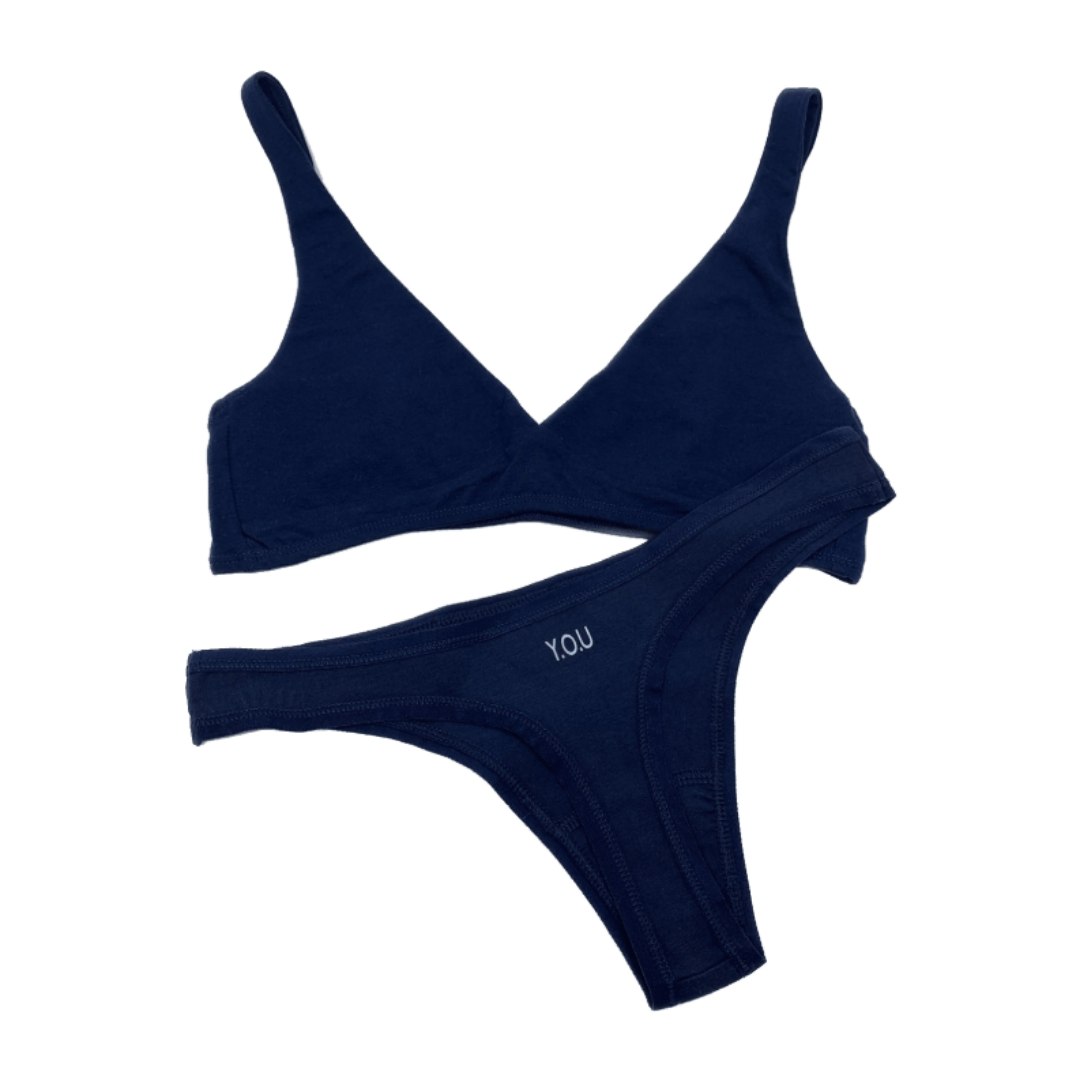 Women's organic cotton matching bralette and thong set - navy blue - Y.O.U underwear