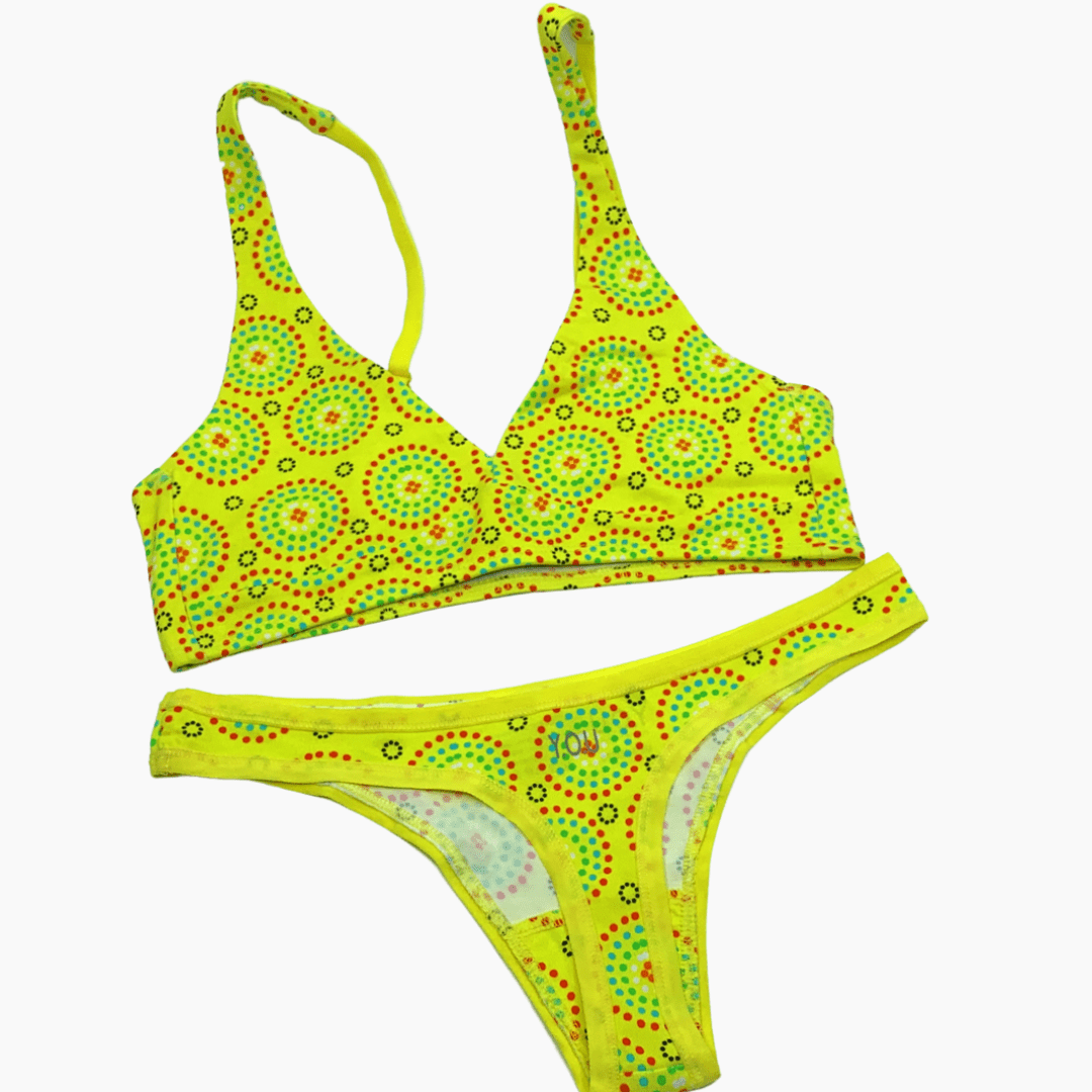 Women's organic cotton matching bralette and thong set - Yellow Mara design - Y.O.U underwear