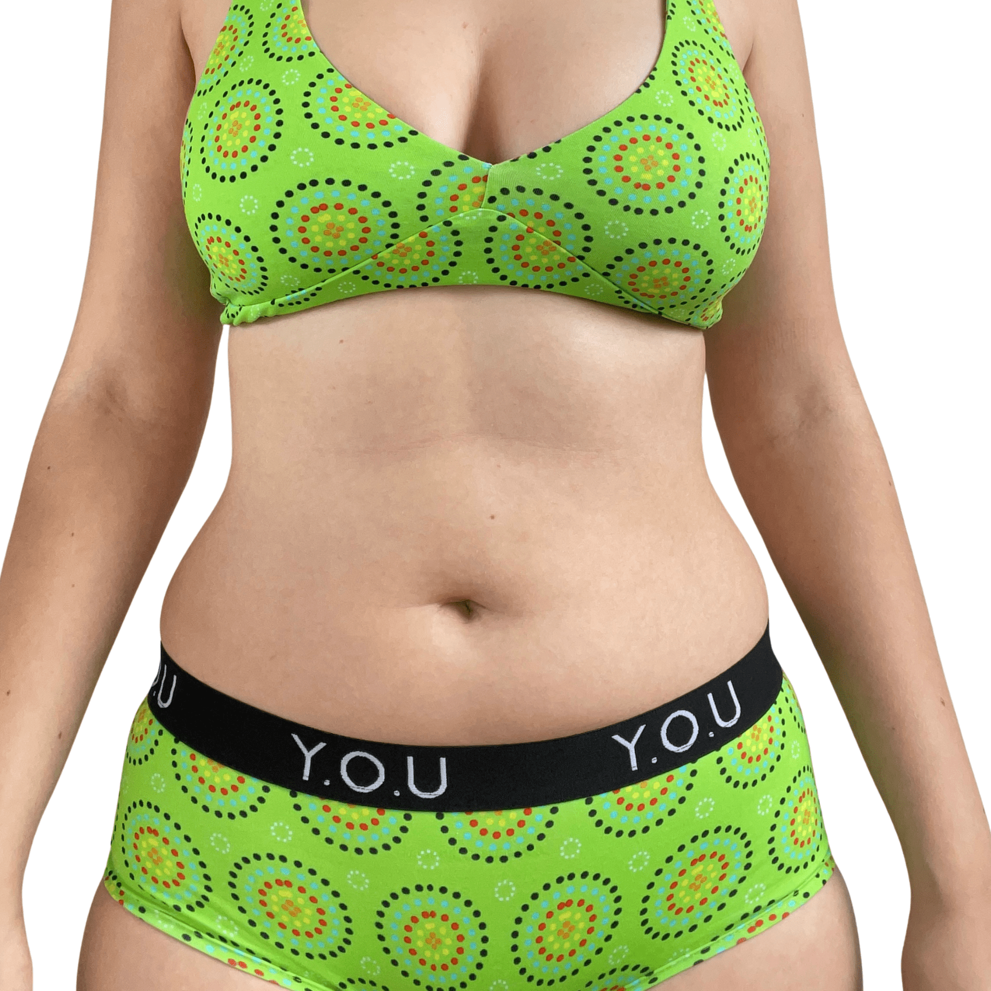 Women's organic cotton matching bralette and Y.O.U boy shorts set - Green Mara design - Y.O.U underwear