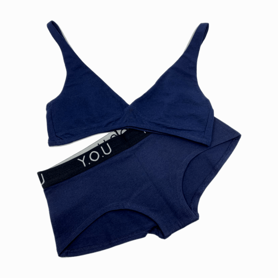 Women's organic cotton matching bralette and Y.O.U boy shorts set - navy blue - Y.O.U underwear