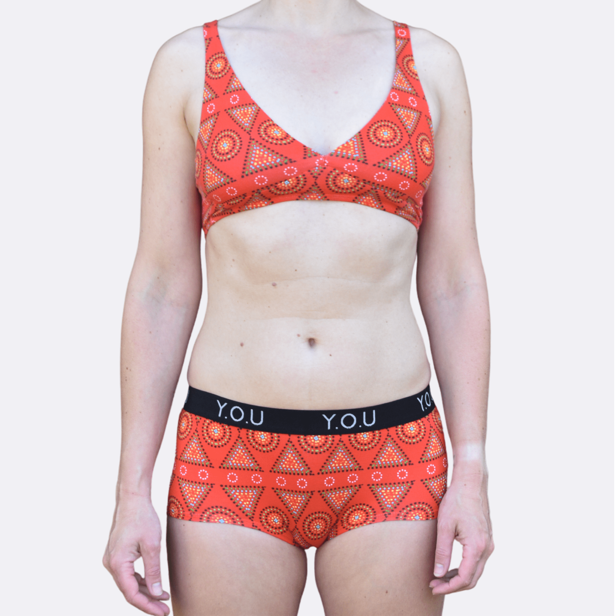 Women's organic cotton matching bralette and Y.O.U boy shorts set - Red Mara design - Y.O.U underwear