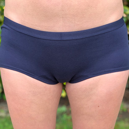 Women's organic cotton boy shorts in navy blue