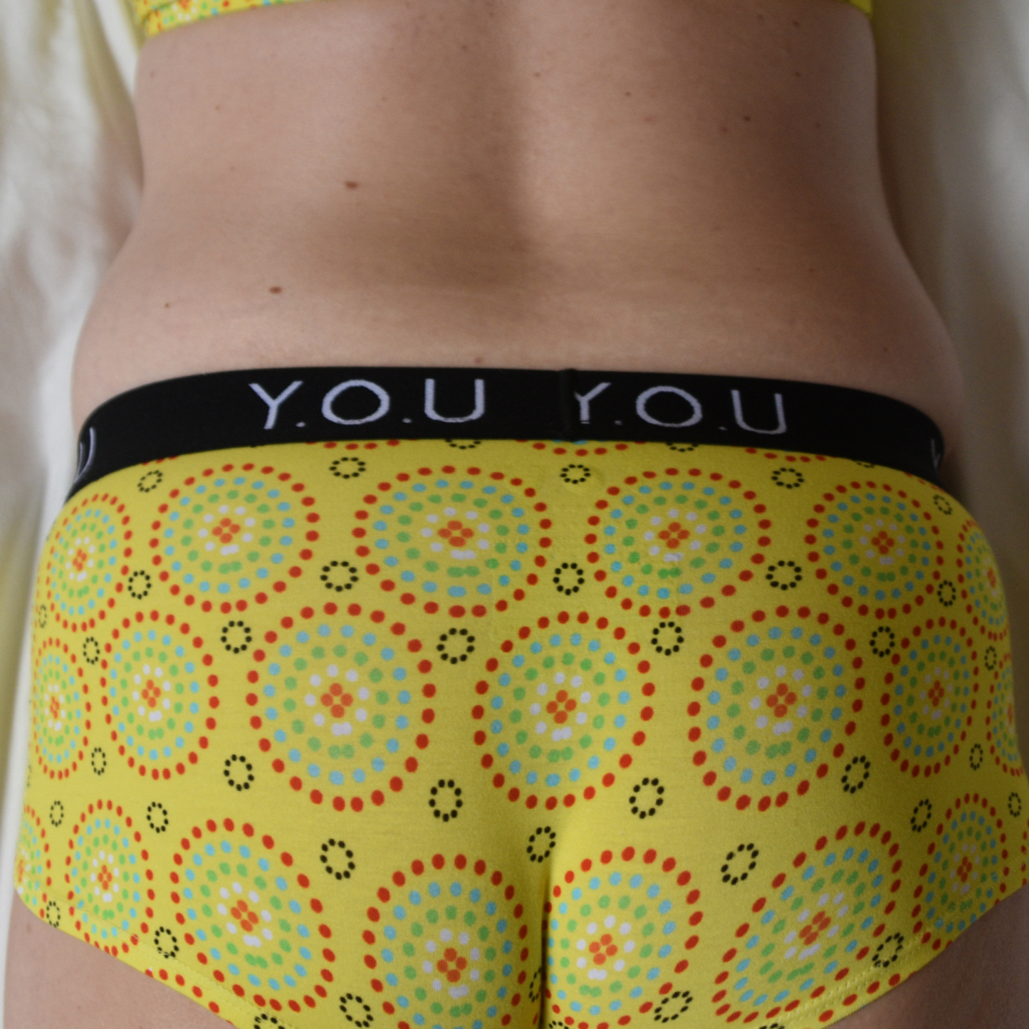 Women’s organic cotton boy shorts with Y.O.U elastic - Yellow Mara design
